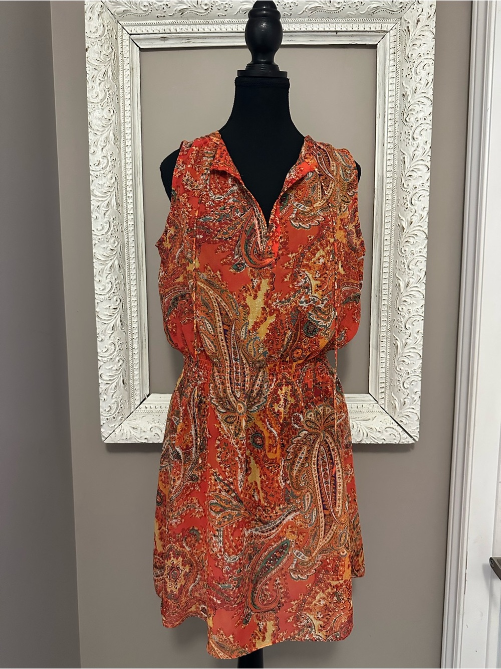 Lauren Ralph Lauren Orange Paisley Sheer Chiffon Sleeveless Blouson Dress